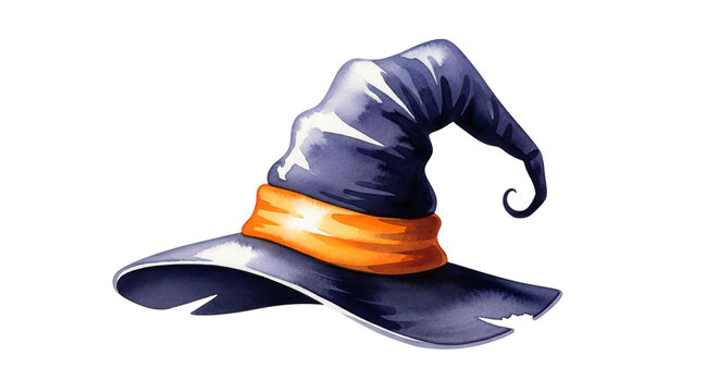 Witch Hat Watercolor Painting, Pointed Cap with Orange Band, Isolated on White