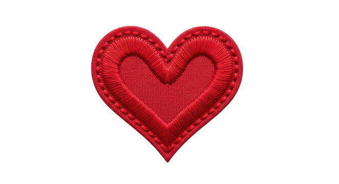 Red embroidered heart shaped patch on black background embroidery fabric