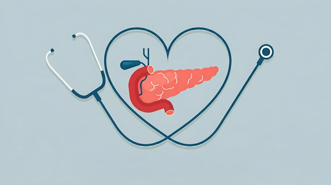 Conceptual medical illustration of the pancreas and stethoscope forming a heart shape representing health
