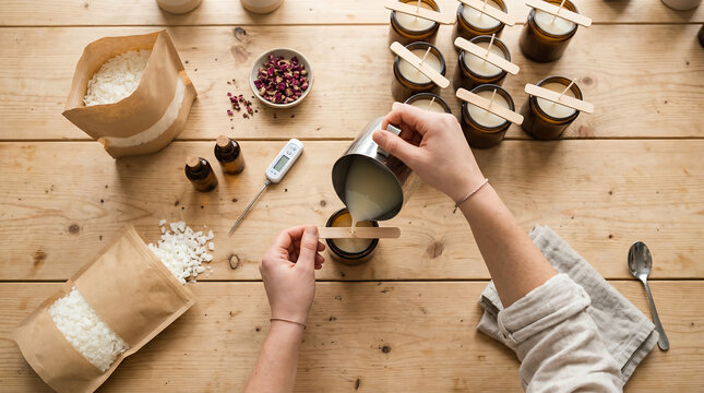Person making handmade soy candles by pouring melted wax into glass jars on a rustic wooden table with craft supplies and tools for small business hobby workshop