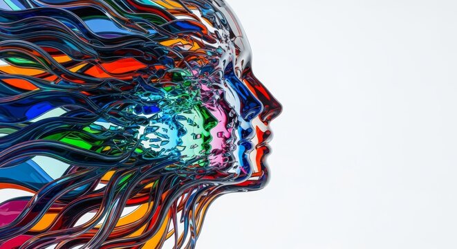 A facial profile dissolves into cascading layers of shimmering glass, revealing multiple spectral reflections in the refractive surface, digital, history, fleeting