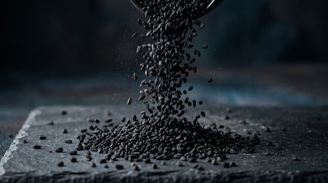 Black cumin seeds falling onto a dark slate surface for culinary ingredient and spice seasoning background