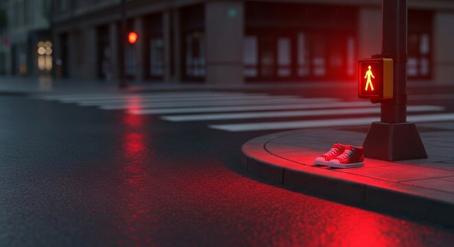 A glowing red signal illuminates a city street corner where small sneakers stand near the curb, waiting for the crosswalk light to change, shoes, crossing, morning