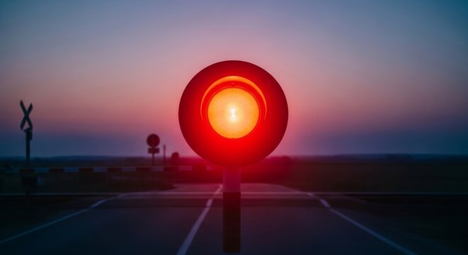 A glowing red signal lamp shines brightly against a dim twilight sky at a quiet road crossing, indicating a complete halt for all traffic, automotive, signal, intersection