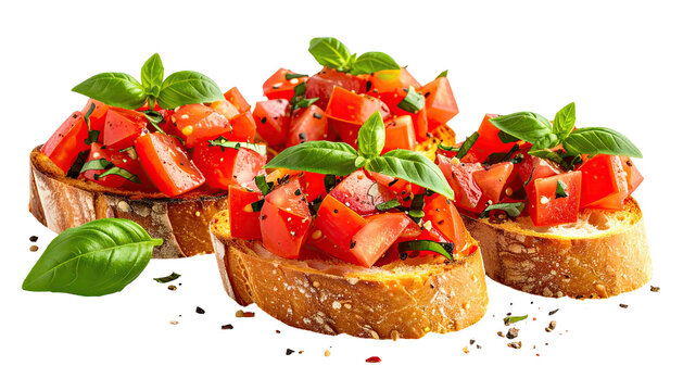 Bruschetta trio with fresh tomatoes and basil topping served on toasted bread