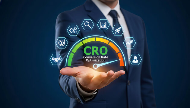 Businessman holding conversion rate optimization CRO dashboard for business growth