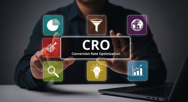 Businessman touching CRO Conversion Rate Optimization interface for digital marketing