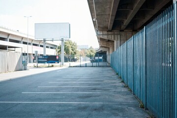 Fototapeta premium Empty urban parking lot under concrete bridge with blue fence and billboard for outdoor advertising mockup and logistics background