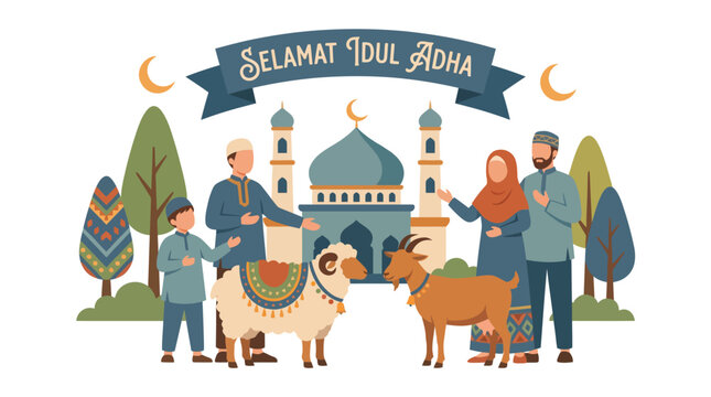 Selamat Idul Adha with Cow Sheep Goat and Mosque