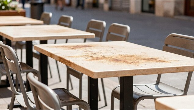 Close up of empty cafe tables and chairs on city street for restaurant business marketing and outdoor dining hospitality concept