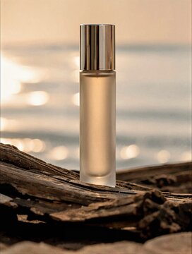 Frosted glass roller bottle on driftwood with sunset ocean background ideal for aromatherapy oils travel fragrance and wellness brand marketing