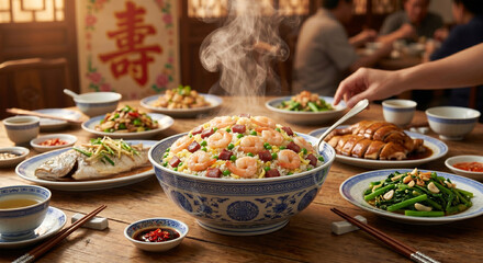 Obraz premium &nbsp;A wide-angle shot of a classic Chinese banquet table with a large, steaming bowl of Yangzhou Fried Rice as the centerpiece. The bowl is decorated with traditional blue-and-white patterns.