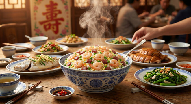 &nbsp;A wide-angle shot of a classic Chinese banquet table with a large, steaming bowl of Yangzhou Fried Rice as the centerpiece. The bowl is decorated with traditional blue-and-white patterns.