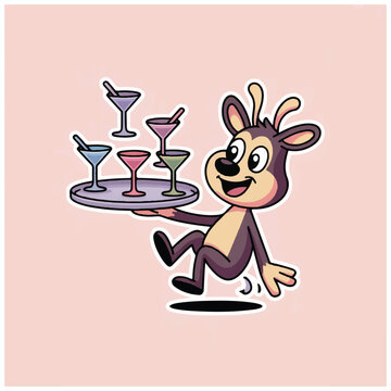 Cartoon character serving cocktails on a tray.