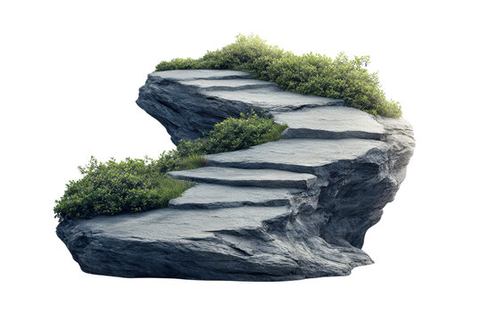 Stone staircase winding up a rocky outcrop with green foliage stairs steps