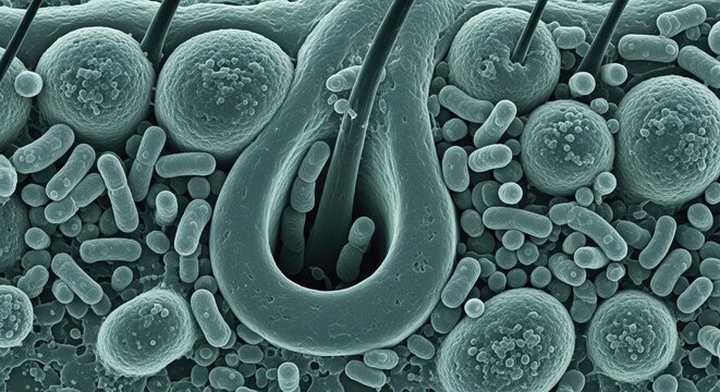 Microscopic view of a paramecium among bacteria, detailed scientific 3d render, educational illustration