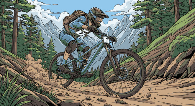 Mountain biker descends a trail through forest with rocky terrain and mountains