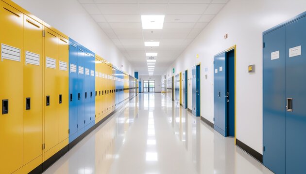 Long, empty school hallway with yellow and blue lockers and bright overhead lighting.