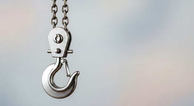 Metal crane hook on chains against a blurred background