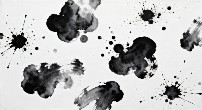 Abstract Ink Blots and Splashes on White Background