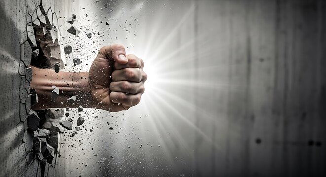 Powerful fist breaking through a concrete wall with bright light