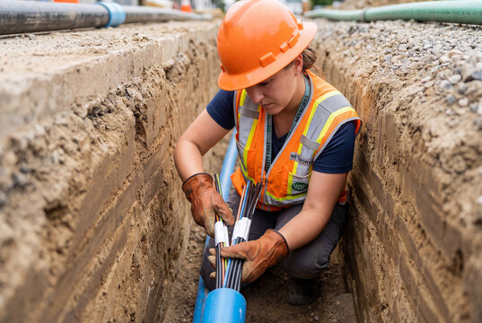Female construction worker installing cables in trench