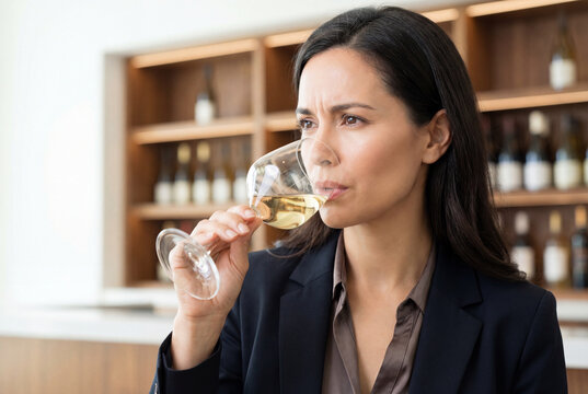 Professional female sommelier tasting white wine in glass