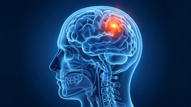 3d illustration of human head profile with brain anatomy and glowing section representing neural pain or cognitive function for medical science and neurology research