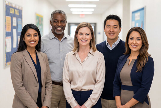 Diverse team of smiling teachers and school administrators standing in hallway