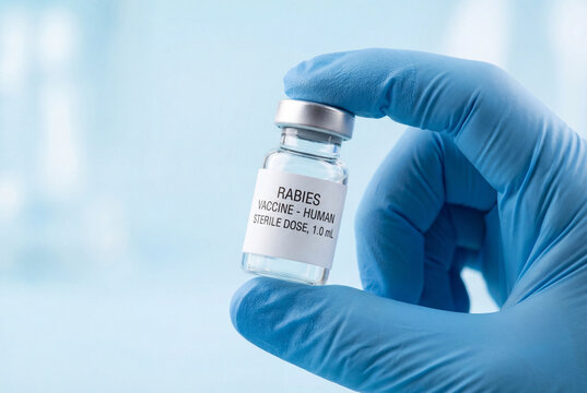 Medical hand holding glass vial labeled rabies vaccine