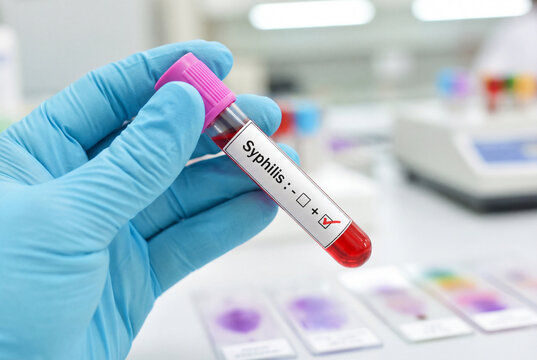Lab technician holds a blood sample tube showing a positive result for a syphilis test