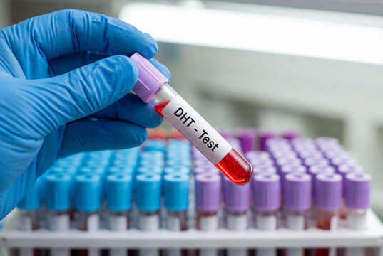 Technician holding a blood sample tube for dihydrotestosterone or DHT hormone level testing