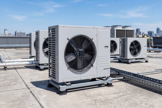 Commercial air conditioning condenser units installed on a flat building rooftop under a blue sky