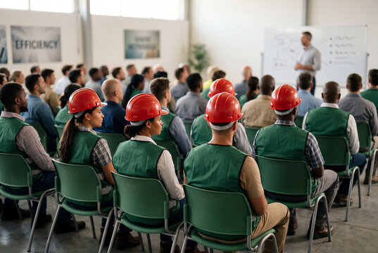 Construction workers wearing red hard hats and green vests attending a safety training seminar