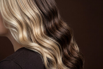Fototapeta premium Two tone wavy hair with blonde and brown split color design