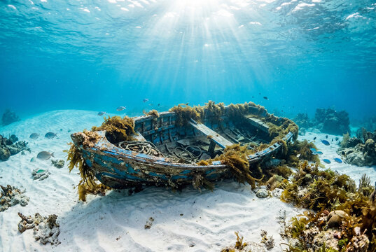 Sunken blue wooden dinghy covered in lush seaweed resting on a white sandy ocean floor