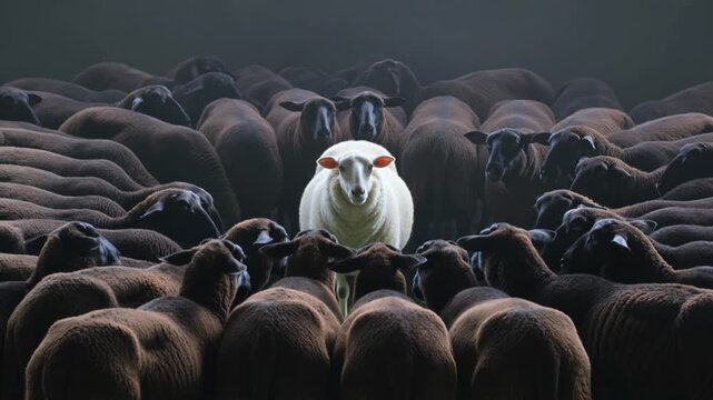 Single white sheep standing in the center of a large flock of black sheep for individuality and being unique concept in a dark moody atmosphere