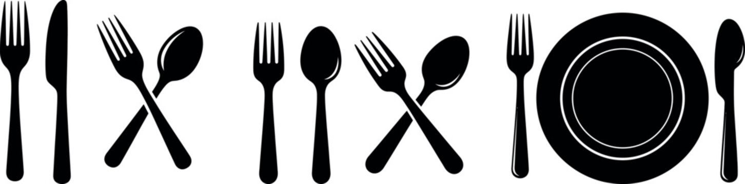 Collection of cutlery and plate icons fork knife spoon plate symbols