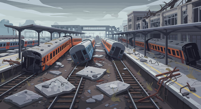 Derelict train station with overturned and damaged trains on tracks