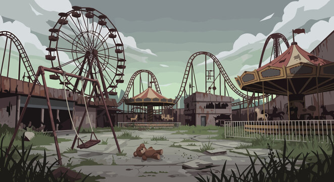 Abandoned Amusement Park with Ferris Wheel and Roller Coasters