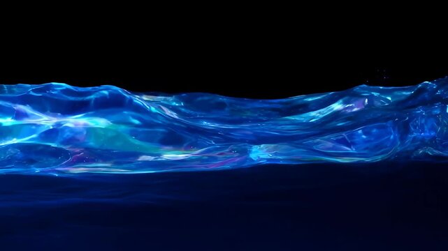 Blue Water Wave Abstract Background Dark Ocean Glowing Liquid Motion Surface With Blue Sea Ripple Texture, Fluid Shape On Black Background, Luminous Water Abstract Blue Liquid Wave, Fluid Motion And