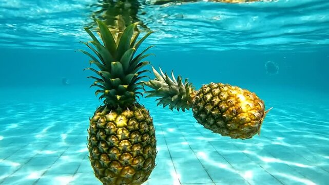 Pineapple underwater in pool.