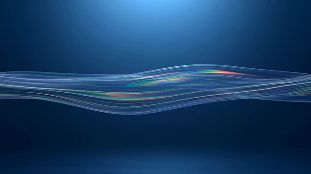Abstract wave line blue background with flowing light streaks, smooth gradient, colorful glow, modern digital art, minimal futuristic ribbon motion trail, calm searchable SEO background design