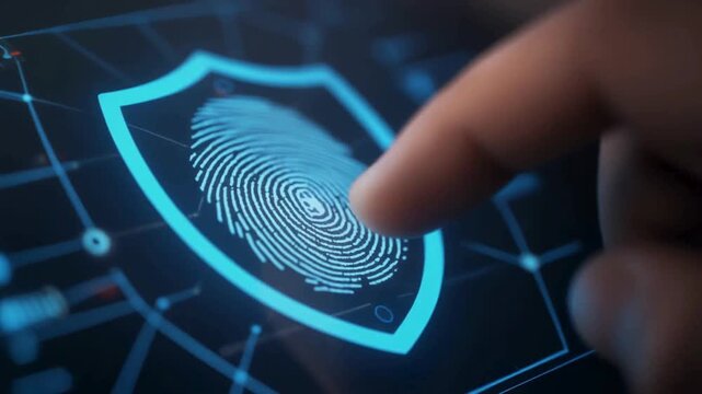 A hand touches a computer circuit board to leave a unique thumbprint, representing a digital biometric security system for forensic identity identification in modern forensic technology