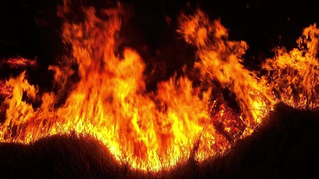 Drone aerial view captures fierce wildfire burning through forest at night, illustrating climate change, prolonged heat, dry vegetation, and how extreme weather fuels wildfire outbreaks. Thailand. 4k.