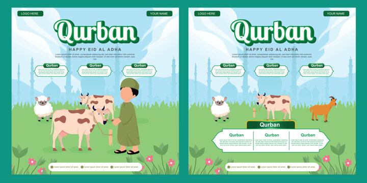 Social media template for Qurban donation campaign. Cute and stylish vector template of cow and ram, alongside silhouette of Islamic mosque and crescent moon elements, with empty space for sample Eid 