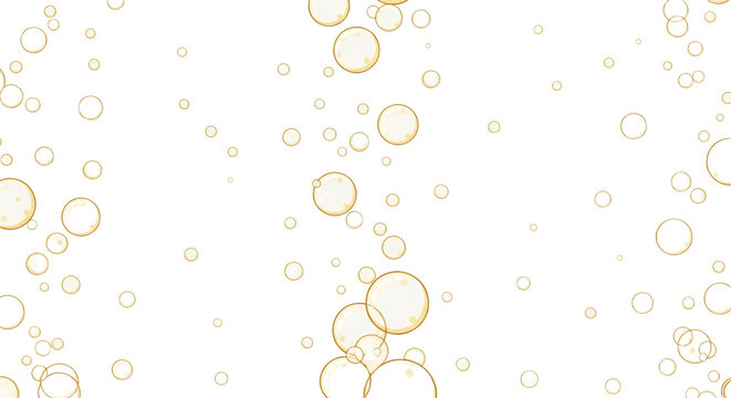 Golden Sparkling Bubbles Rising on White Background - Champagne or Soda Carbonation Illustration
