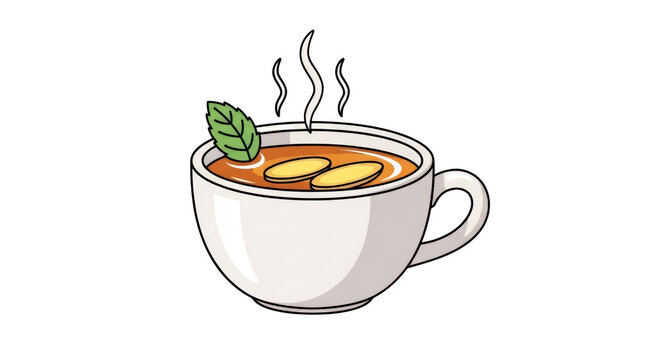 Hot Ginger Tea with Mint Leaf and Ginger Slices in a White Cup Illustration