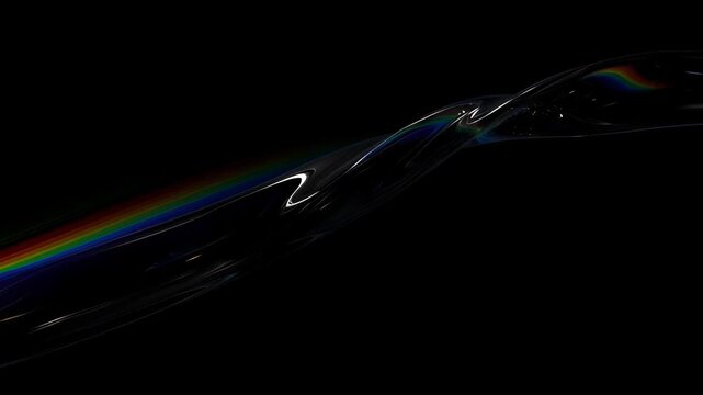 Abstract black wave with rainbow light dark background, glossy fluid shape, rainbow light streak black background with abstract curved prism glow and colorful spectrum reflection, rainbow light wave
