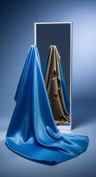 A polished mirror surface captures a smooth silk cloth, yet the reflection displays a tattered, weathered version that lags in movement, motion, old, ethereal